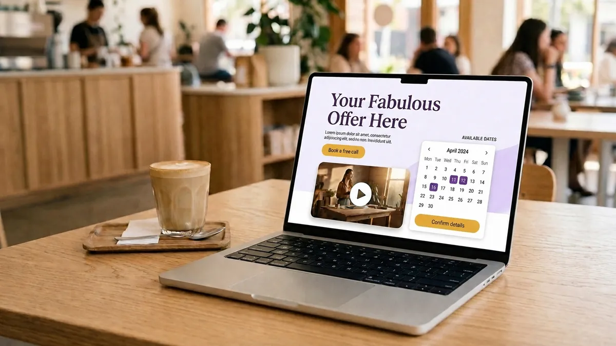 A laptop on a cafe table showing a landing page with a booking calendar